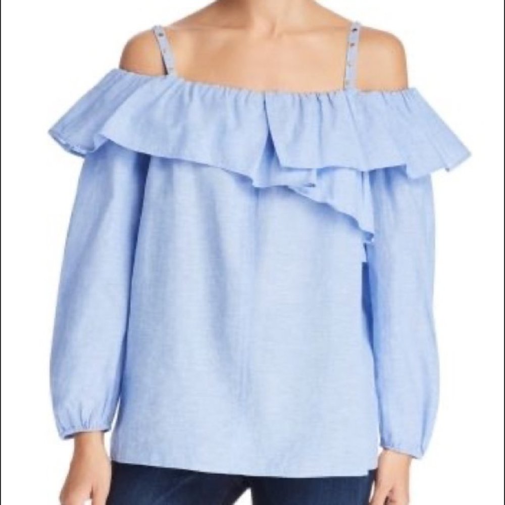Escada  Linen Off Shoulder Ruffle Long Sleeve Top